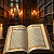 Post: The images depict a series of open books, each illuminated by flickering candlelight in dimly lit...